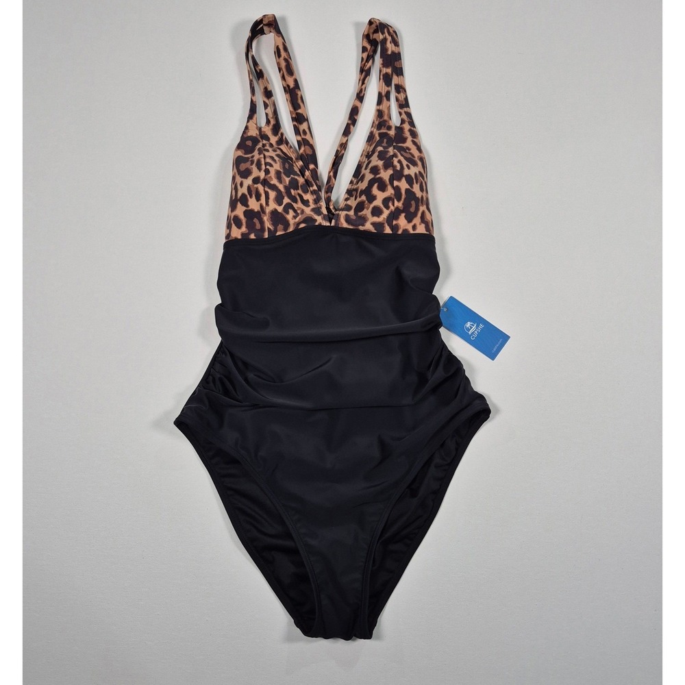 Cupshe Leopard Print Black Brown V-Neck One‎ Piece Swimsuit Tummy Control NWT